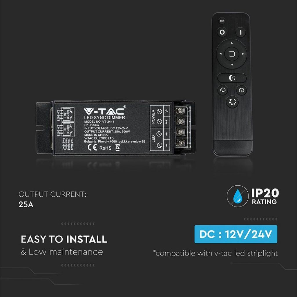 V-TAC Kontroler do Taśm LED Ściemnianych Port RJ45 z Pilotem (Maks. 300W)